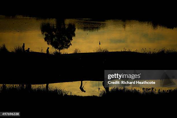 Reflection of a golfer as he plays a shot during the fifth round of the European Tour Qualifying School Final at PGA Catalunya Resort on November 18,...