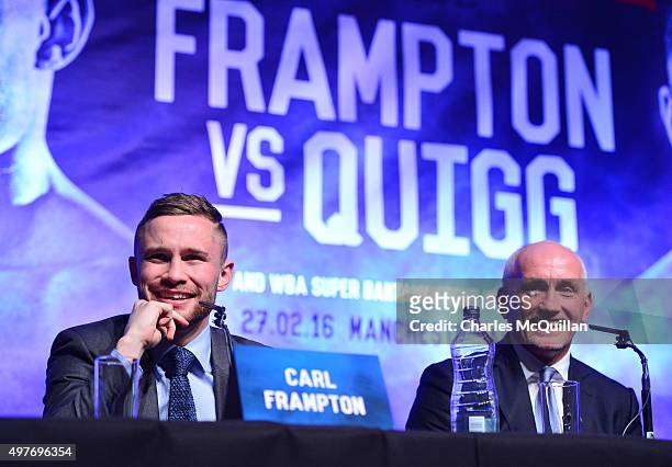 World champion Carl Frampton and manager Barry McGuigan during the WBA and IBF super-bantamweight world title unification pre-fight press conference...