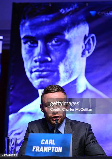 World champion Carl Frampton during the WBA and IBF super-bantamweight world title unification pre-fight press conference at Europa Hotel on November...