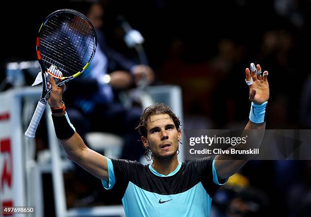 Rafael Nadal of Spain celebrates victory in his men's singles match against Andy Murray of Great Britain during day four of the Barclays ATP World...