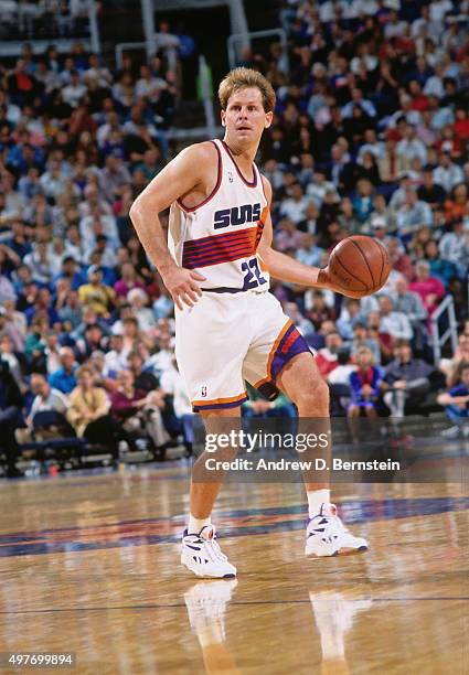 Danny Ainge of the Phoenix Suns dribbles circa 1993 at the America West Arena in Phoenix, Arizona. NOTE TO USER: User expressly acknowledges and...