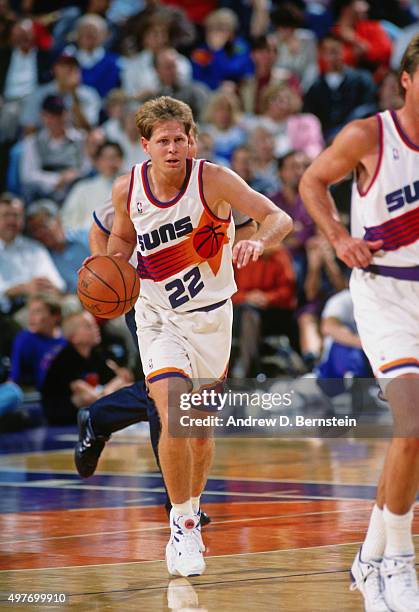 Danny Ainge of the Phoenix Suns dribbles circa 1993 at the America West Arena in Phoenix, Arizona. NOTE TO USER: User expressly acknowledges and...