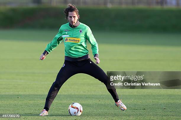 Roel Brouwers of Borussia Moenchengladbach controls the ball during a training session at Borussia-Park on November 18, 2015 in Moenchengladbach,...