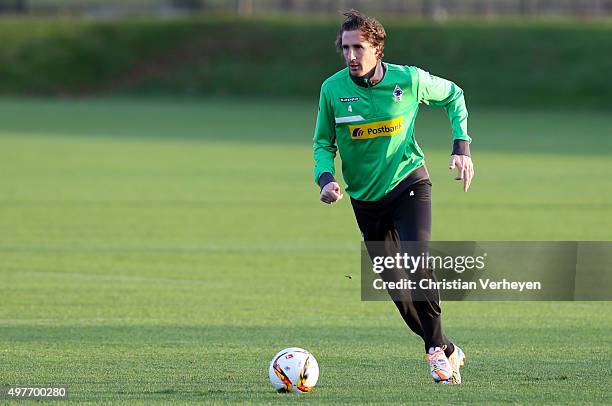 Roel Brouwers of Borussia Moenchengladbach controls the ball during a training session at Borussia-Park on November 18, 2015 in Moenchengladbach,...