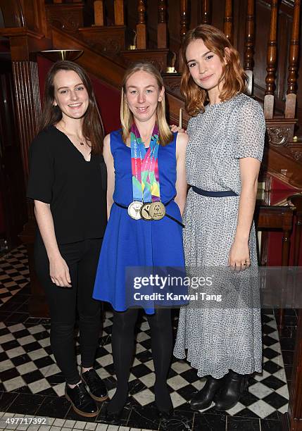 Sophie McShera, Georgina Maton and Lily James attend a photocall ahead of a charity fundraising afternoon tea event in aid of the Special Olympics GB...