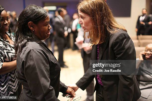 Health and Human Services Secretary Sylvia Burwell speaks with Shirlene Ingraham who purchased insurance from the Affordable Care Act as she visits...