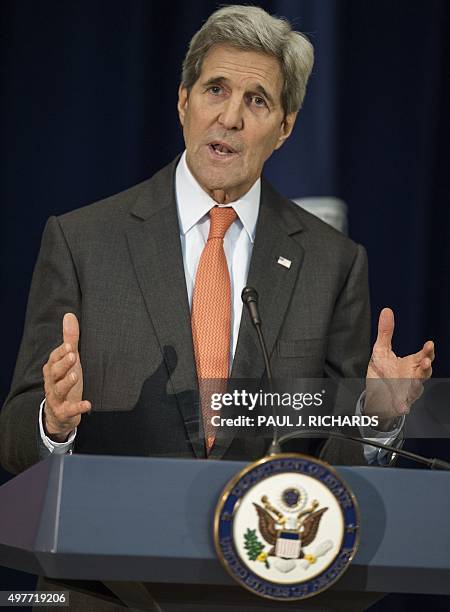 Secretary of State John Kerry delivers remarks, November 18 at the Overseas Security Advisory Councils 30th Annual Briefing, in the Dean Acheson...