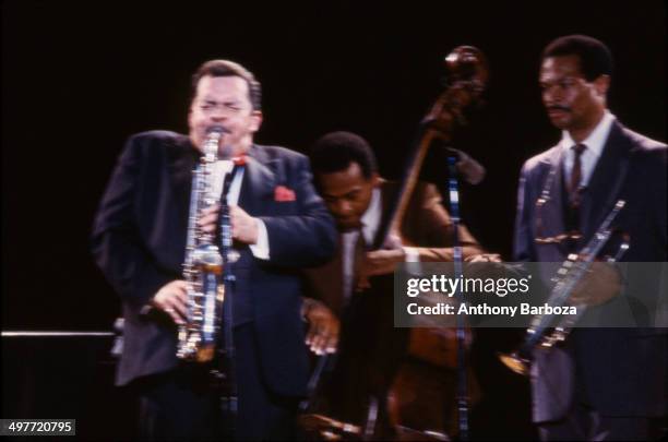 From left, American jazz musicians Jackie McLean , on saxophone, Cecil McBee, on bass, and Woody Shaw , on trumpet, perform on stage during the 'One...
