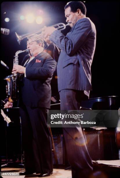 From left, American jazz musicians McCoy Tyner, on piano, Jackie McLean , on saxophone, and Woody Shaw , on trumpet, perform on stage during the 'One...