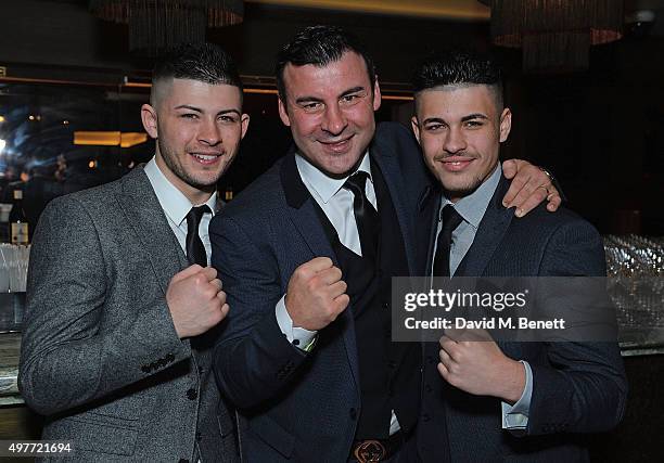 Joe Calzaghe Junior, Joe Calzaghe and Connor Calzaghe attend the UK Gala Screening of "Mr Calzaghe" at The May Fair Hotel on November 18, 2015 in...