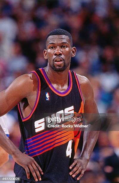 Michael Finley of the Phoenix Suns rests against the Sacramento Kings circa 1996 at Arco Arena in Sacramento, California. NOTE TO USER: User...