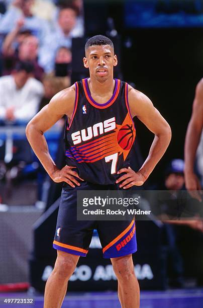 Kevin Johnson of the Phoenix Suns looks on against the Sacramento Kings circa 1996 at Arco Arena in Sacramento, California. NOTE TO USER: User...
