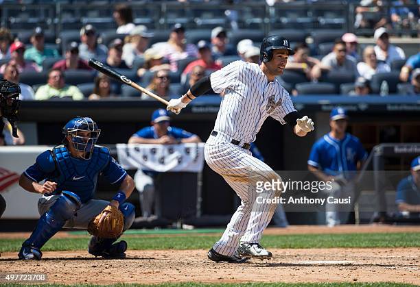Garrett Jones of the New York Yankees bats during the game against the Kansas City Royals at Yankee Stadium on Monday, May 25, 2015 in the Bronx...