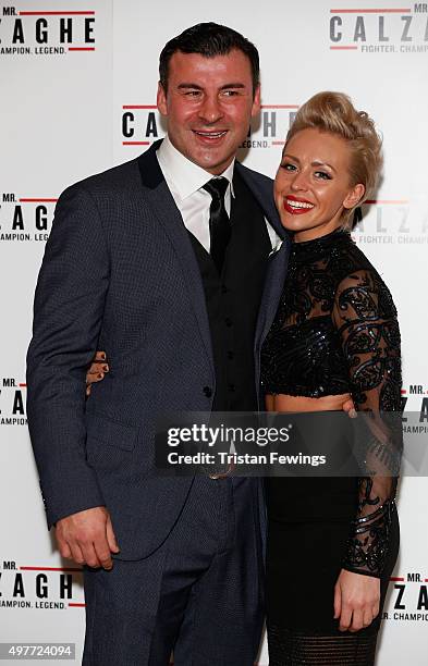 Joe Calzaghe and Lucy Griffiths attend the UK Gala Screening of "Mr Calzaghe" at May Fair Hotel on November 18, 2015 in London, England.