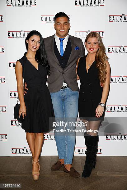 Zara Holland, Luis Morrison and Cally Jane Beech attends the UK Gala Screening of "Mr Calzaghe" at May Fair Hotel on November 18, 2015 in London,...
