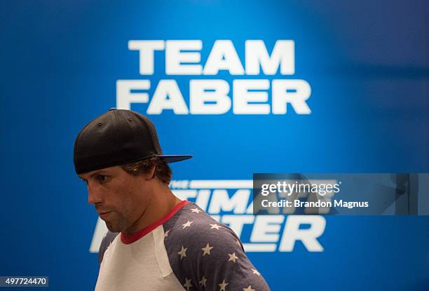 Head coach Urijah Faber helps James Jenkins warm up before facing Artem Lobov during the filming of The Ultimate Fighter: Team McGregor vs Team Faber...