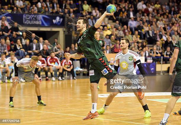 Ignacio Plaza Jimenez of Fuechse Berlin throws the ball during the game between the Fuechse Berlin and dem TuS N-Luebbecke on november 18, 2015 in...