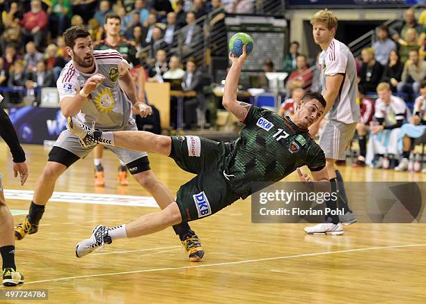 Ignacio Plaza Jimenez of Fuechse Berlin throws the ball during the game between the Fuechse Berlin and dem TuS N-Luebbecke on november 18, 2015 in...