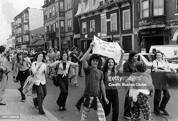 Youngsters march against busing and in support of South Boston in Maverick Square in East Boston on Sept. 20, 1974. An initiative to desegregate...