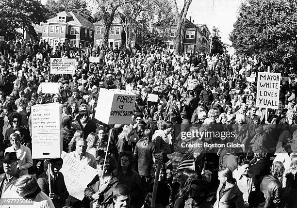 An anti-busing group holds a protest at Marine Park in South Boston on Oct. 4, 1974. An initiative to desegregate Boston Public Schools was...