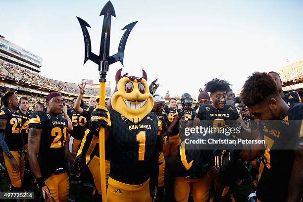 Arizona State Sun Devils mascot, "Sparky" following the college football game against the Washington Huskies at Sun Devil Stadium on November 14,...