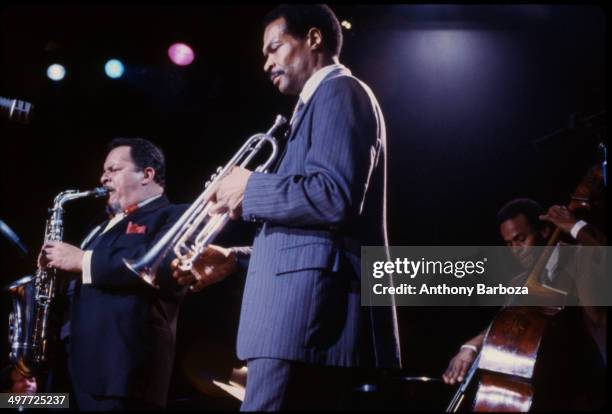 From left, American jazz musicians Jackie McLean , on saxophone, Woody Shaw , on trumpet, and Cecil McBee, on bass, perform on stage during the 'One...