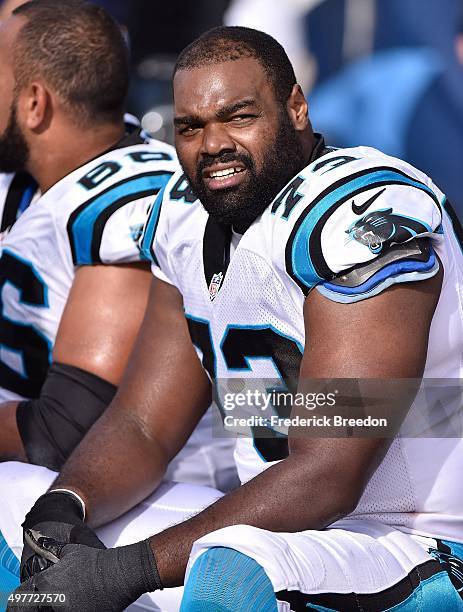 Michael Oher of the Carolina Panthers watches from the sideline during a game against the Tennessee Titans at Nissan Stadium on November 15, 2015 in...