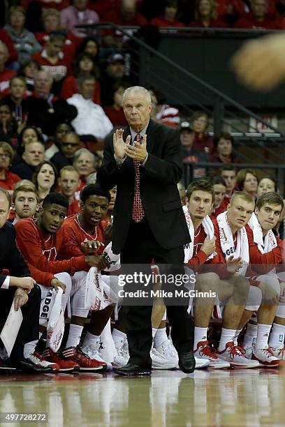 Head Coach Bo Ryan of the Wisconsin Badgers on the sidelines during the game against the Western Illinois Leathernecks at Kohl Center on November 13,...