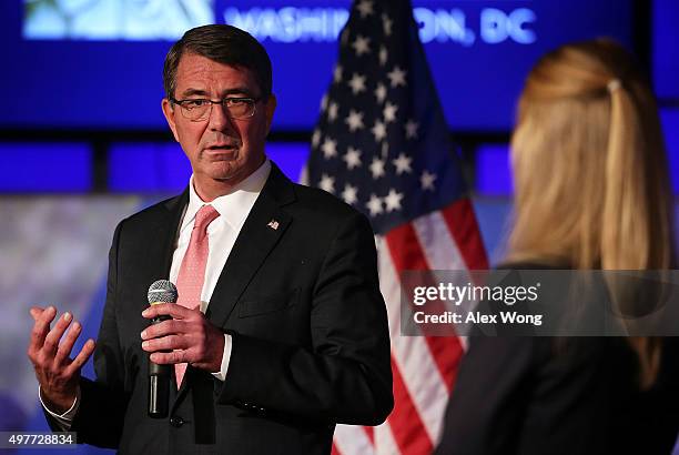 Secretary of Defense Ashton Carter particiaptes in Q&A after he addressed the faculty and students of George Washington University November 18, 2015...