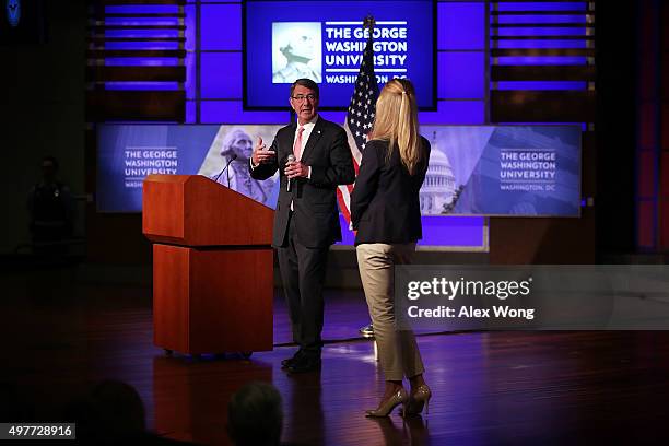 Secretary of Defense Ashton Carter particiaptes in Q&A after he addressed the faculty and students of George Washington University November 18, 2015...