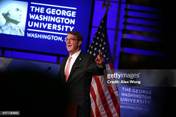 Secretary of Defense Ashton Carter addresses the faculty and students of George Washington University November 18, 2015 in Washington, DC. Carter...