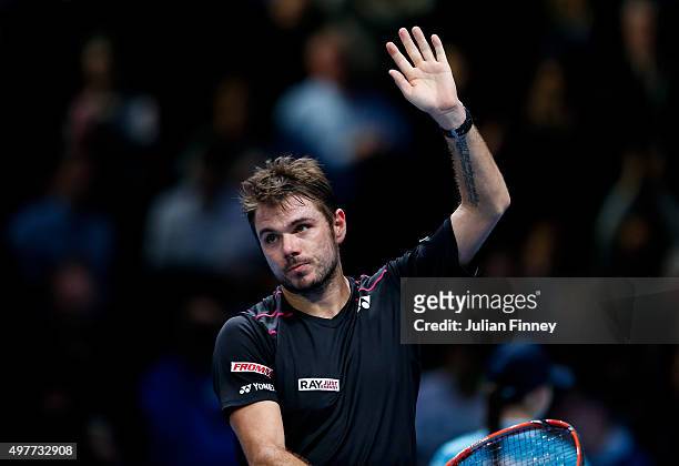 Stan Wawrinka of Switzerland celebrates victory in his men's singles match against David Ferrer of Spain during day four of the Barclays ATP World...
