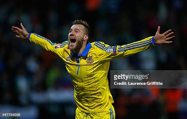 Andriy Yarmolenko of Ukraine celebrates his goal and qualification during the UEFA EURO 2016 qualifier play-off second leg match between Slovenia and...