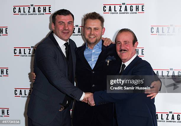 Joe Calzaghe, Vaughan Sivell and Enzo Calzaghe attend the UK Gala Screening of "Mr Calzaghe" at May Fair Hotel on November 18, 2015 in London,...