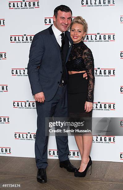 Joe Calzaghe and Mandy Davies attend the UK Gala Screening of "Mr Calzaghe" at May Fair Hotel on November 18, 2015 in London, England.