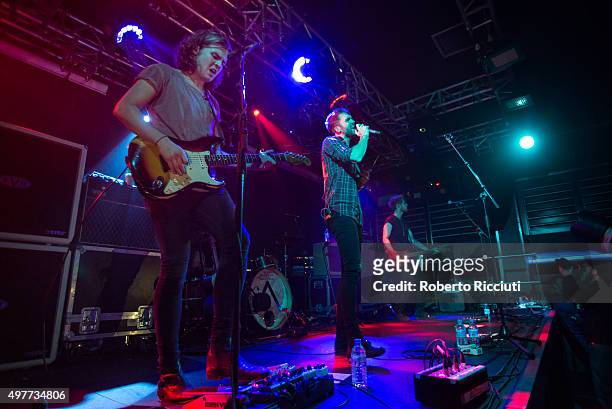 Joel Peat, Adam Pitts and Ryan Fletcher of Lawson perform on stage at The Liquid Room on November 18, 2015 in Edinburgh, Scotland.
