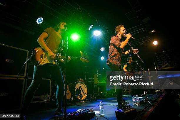 Joel Peat, Andy Brown and Ryan Fletcher of Lawson perform on stage at The Liquid Room on November 18, 2015 in Edinburgh, Scotland.