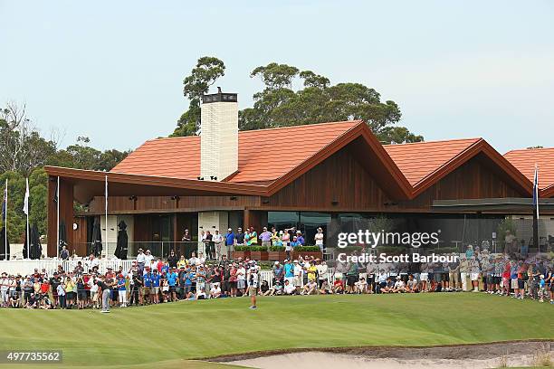 General view as Adam Scott of Australia putts on the 18th hole during day one of the 2015 Australian Masters at Huntingdale Golf Course on November...