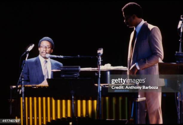 From left, American jazz musicians Herbie Hancock,on piano, and Bobby Hutcherson, on vibes, perform on stage during the 'One Night With Blue Note'...