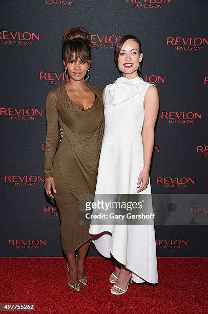 Revlon Global Brand Ambassadors Halle Berry and Olivia Wilde attend the Revlon Love Is On Million Dollar Challenge celebration at The Rainbow Room on...