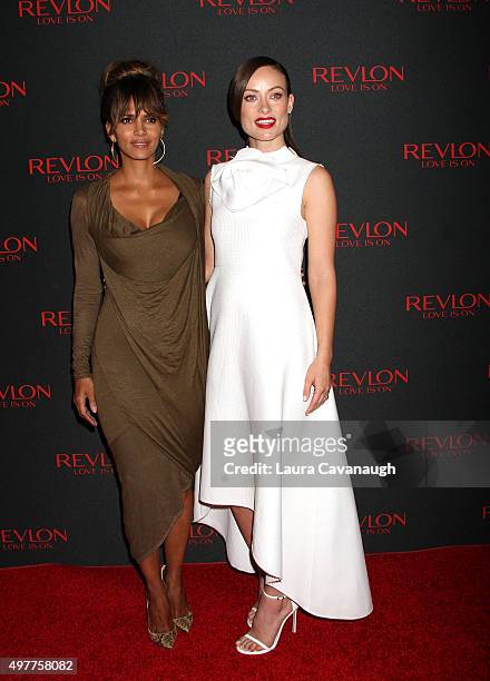 Halle Berry and Olivia Wilde attend Revlon Love Is On Million Dollar Challenge at The Rainbow Room on November 18, 2015 in New York City.