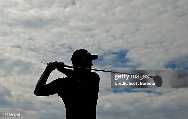 Adam Scott of Australia tees off on the 18th hole during day one of the 2015 Australian Masters at Huntingdale Golf Course on November 19, 2015 in...