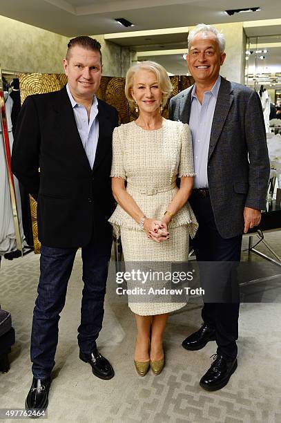 James Mischka, Helen Mirren and Mark Badgley attend "Badgley Mischka: American Glamour" book celebration at Bergdorf Goodman on November 18, 2015 in...