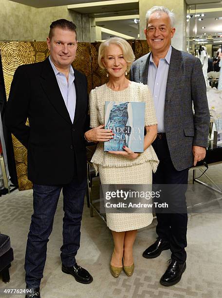 James Mischka, Helen Mirren and Mark Badgley attend "Badgley Mischka: American Glamour" book celebration at Bergdorf Goodman on November 18, 2015 in...