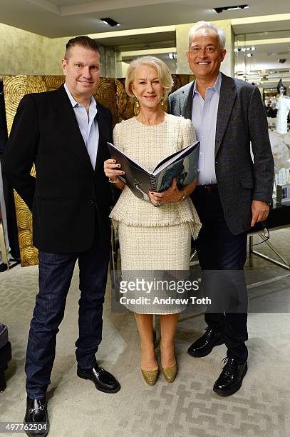 James Mischka, Helen Mirren and Mark Badgley attend "Badgley Mischka: American Glamour" book celebration at Bergdorf Goodman on November 18, 2015 in...