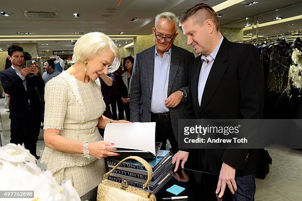 Helen Mirren, Mark Badgley and James Mischka attend "Badgley Mischka: American Glamour" book celebration at Bergdorf Goodman on November 18, 2015 in...