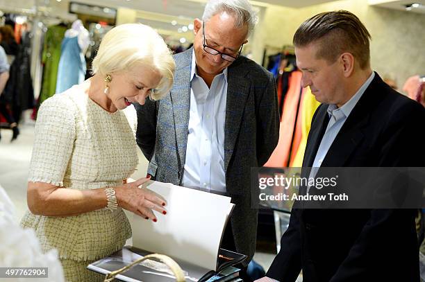 Helen Mirren, Mark Badgley and James Mischka attend "Badgley Mischka: American Glamour" book celebration at Bergdorf Goodman on November 18, 2015 in...