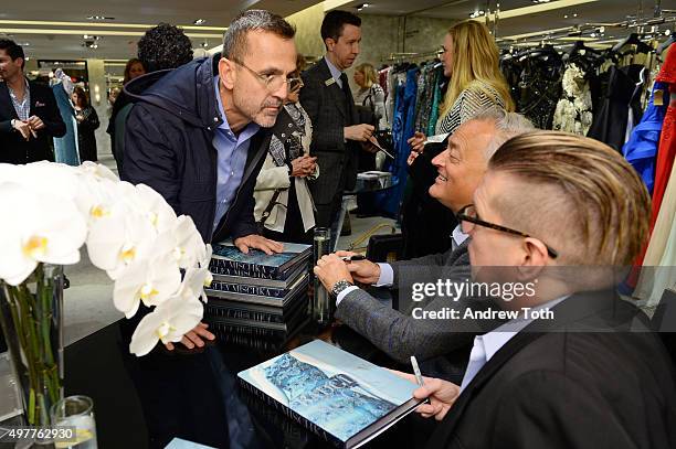 Steven Kolb, Mark Badgley and James Mischka attend "Badgley Mischka: American Glamour" book celebration at Bergdorf Goodman on November 18, 2015 in...