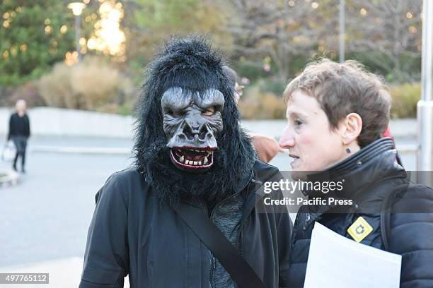 Guerrilla Girl Frida Kahlo with ASAP founder Jenna Dubnau. ASAP, Artists Studio Affordability Project, capped a day of protest in front of the...