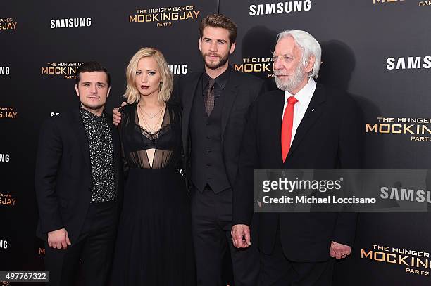 Josh Hutcherson, Jennifer Lawrence, Liam Hemsworth, and Donald Sutherland atttend "The Hunger Games: Mockingjay- Part 2" New York Premiere at AMC...